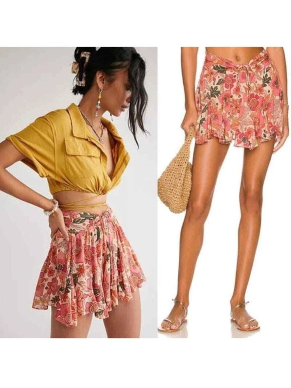 Free People Women's  Mini skort M Floral Print Smocked Waist Ruffle Hem Viscose